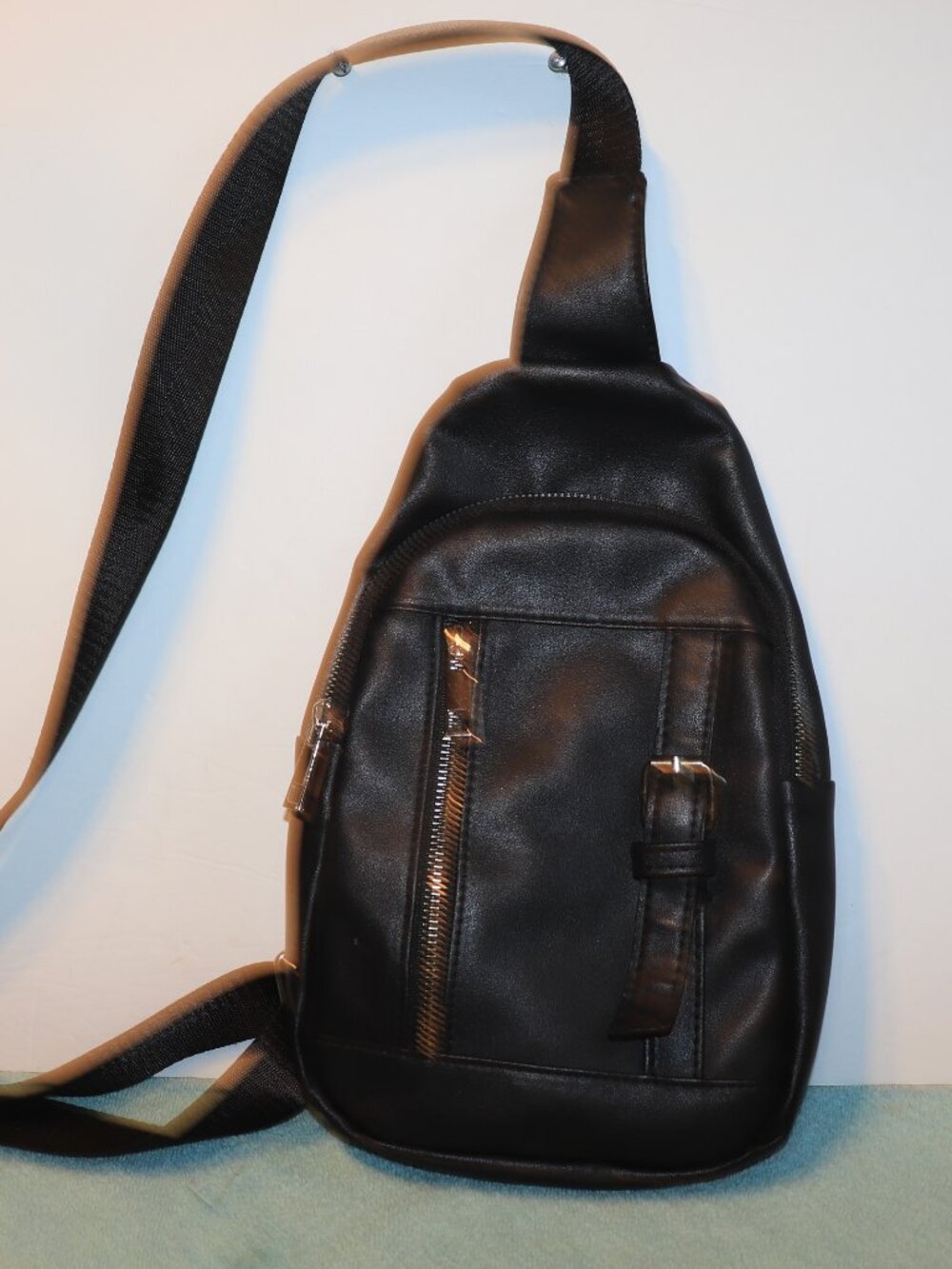 Black Faux Leather Sling Bag Crossbody Backpack NWOT 11"X7"